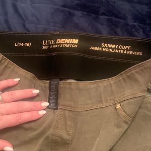 Size 14/16 stretch denim jeggings. Olive green. New.